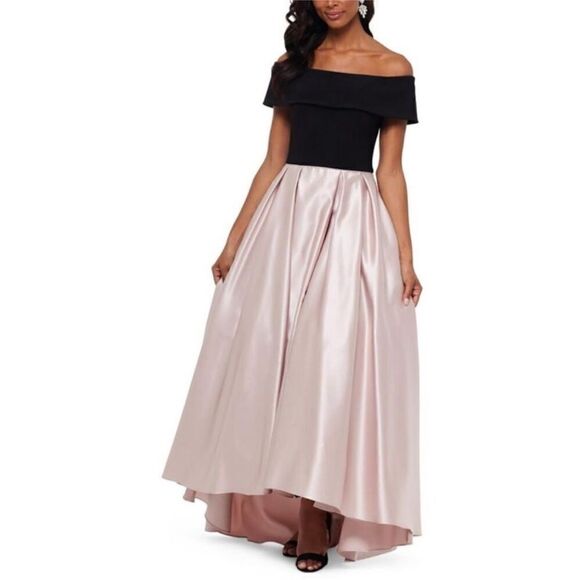 Betsy & Adam NWT Womens Beige Off-the-Shoulder Satin Ballgown Evening Dress - Picture 2 of 5